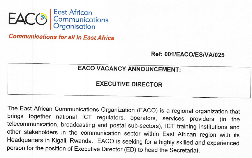 Vacance de poste du Secrétaire Exécutive de l’EACO (EAST African Communications Organization)